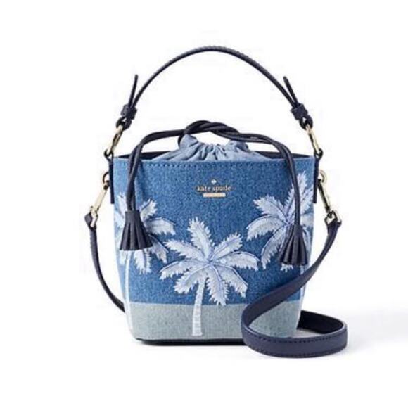 Kate Spade California Dreaming Pippa Blue Denim Palm Tree Bucket Bag NEW RARE - Picture 1 of 14